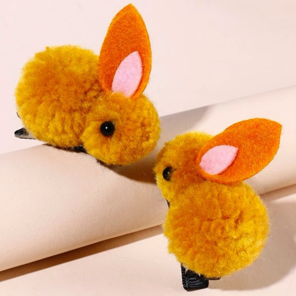 🐰 Adorable Pair Of Orange Rabbit Bunny Fluffy Hair Clips 🐇